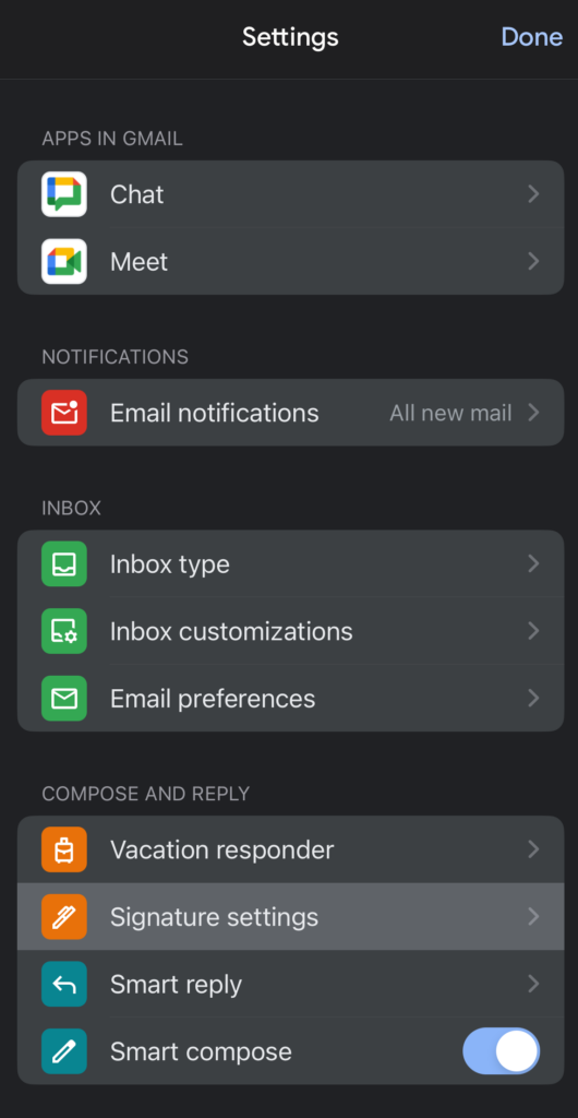 Gmail mobile signature settings