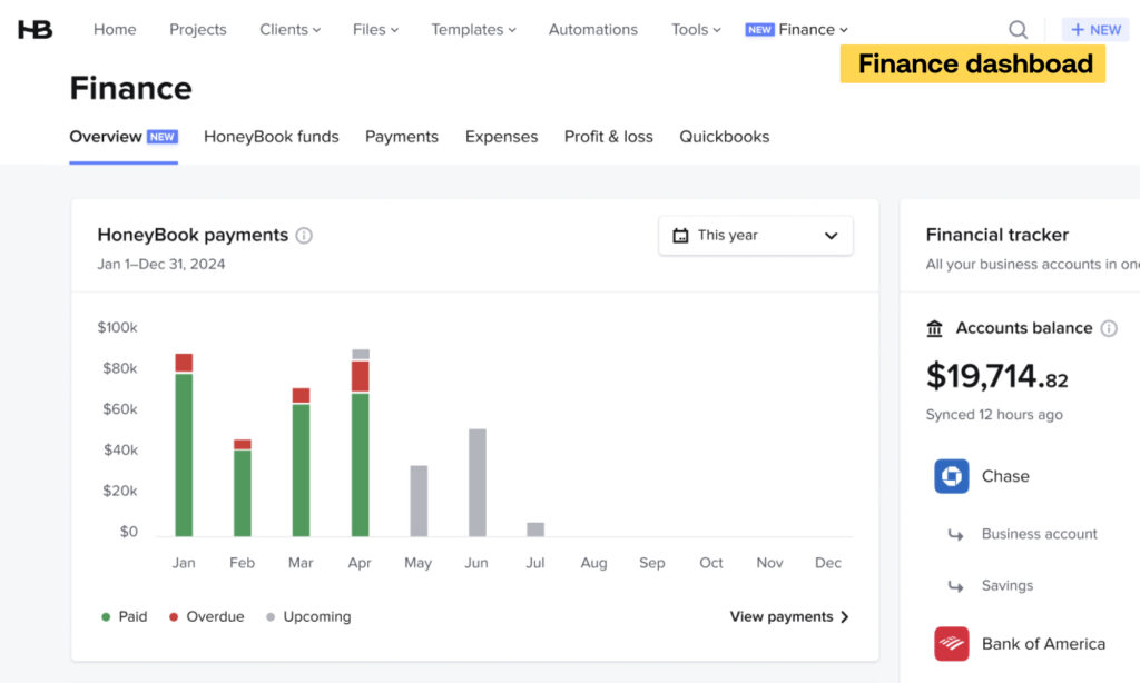 HoneyBook Finance dashboard