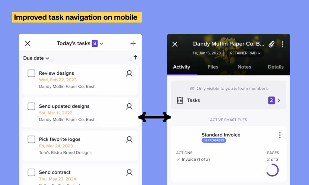 HoneyBook mobile task navigation